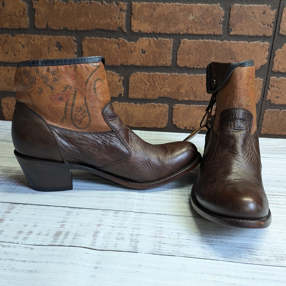 Women's Brown Leather Ankle Booties with Printed Shaft